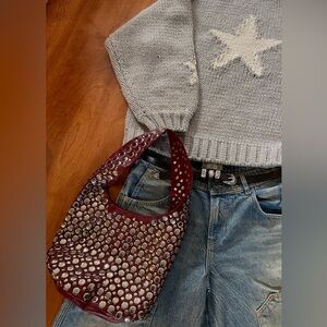 Burgundy wine leather studded shoulder bag
